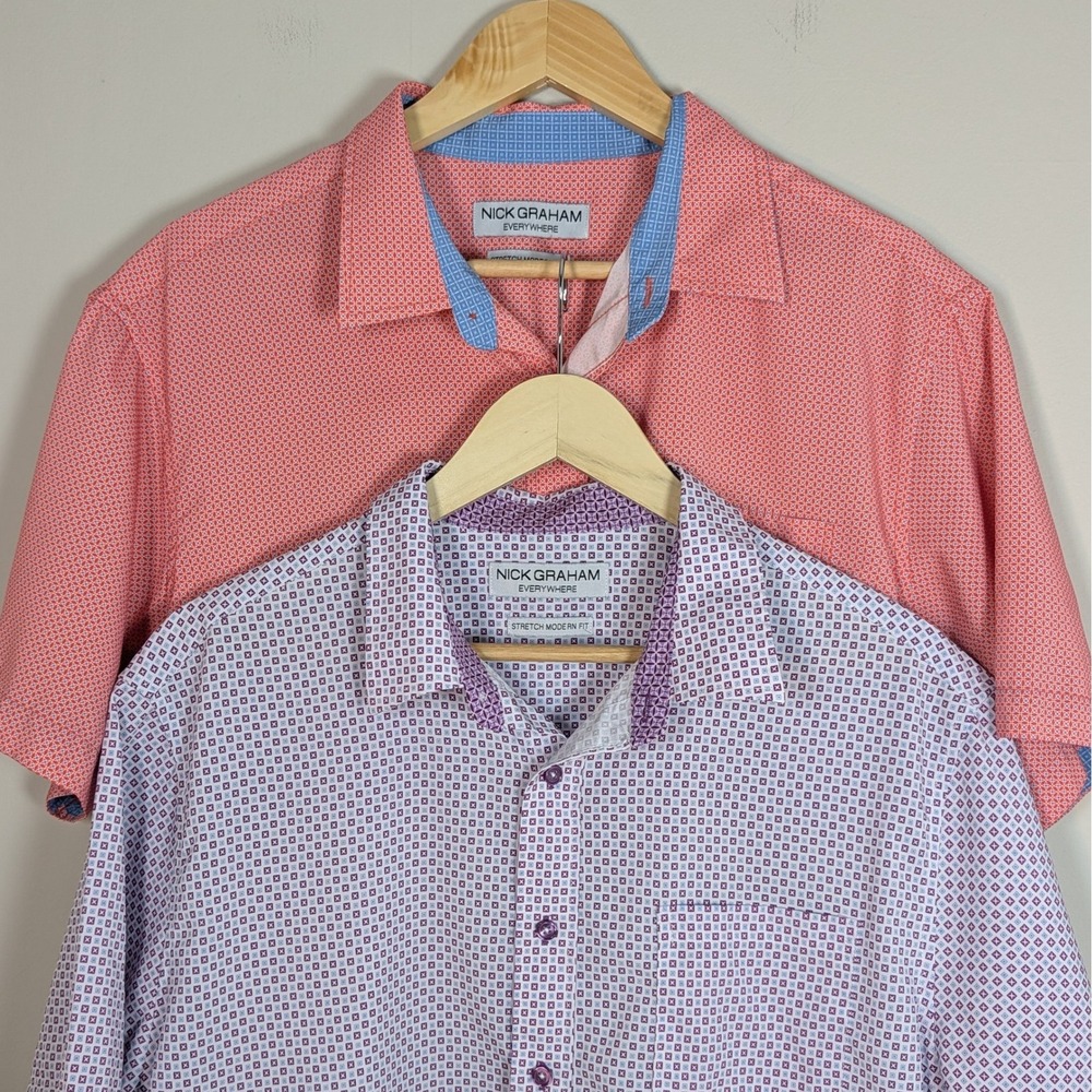 2 Nick Graham Everywhere Mens XL Coral Purple Geometric Short Sleeve Shirts